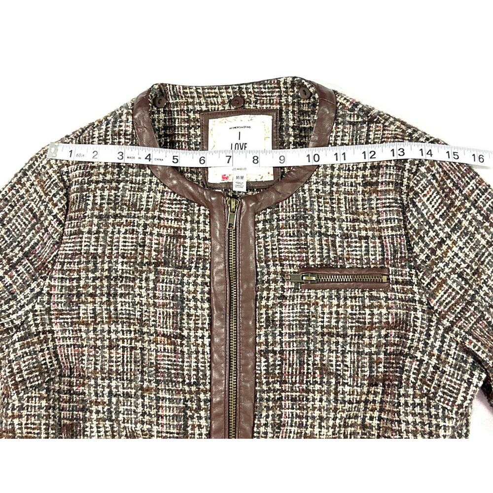 Forever 21 I Love H81 Tweed Bomber Jacket M Brown Faux Leather Zip Plaid Lined - Picture 6 of 12